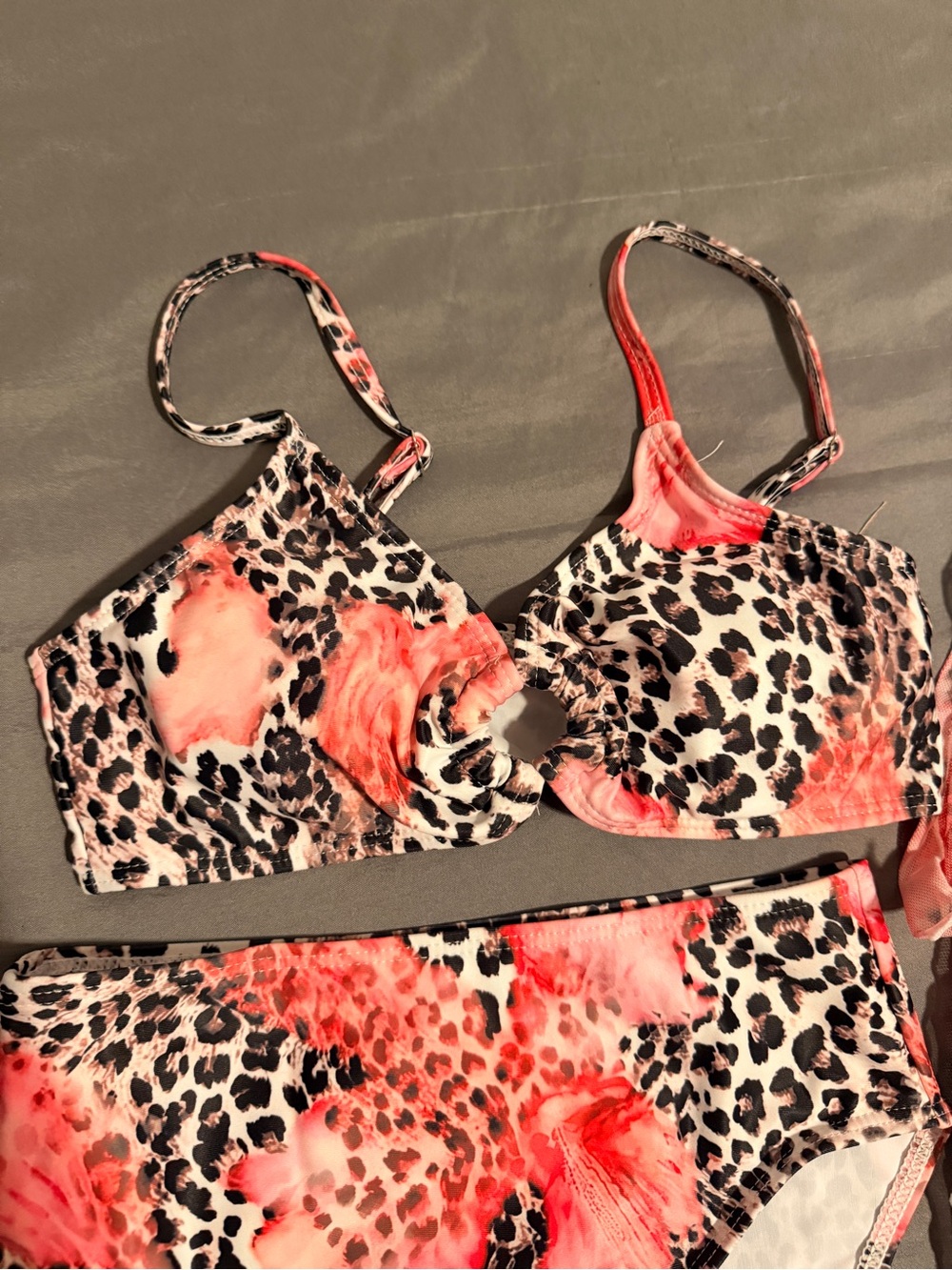 Leopard Print Cutout Bikini Top and Bottom Set in Coral Pink